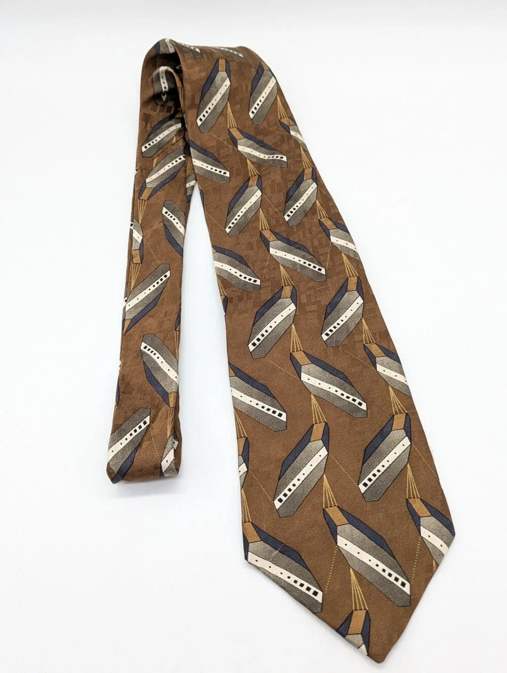 Vintage Conte Di Milano Brown Blue Geometric Abstract Silk Tie